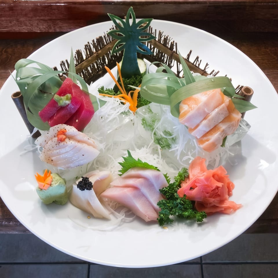 Fresh sashimi platter featuring tuna, salmon, and white fish, beautifully garnished.