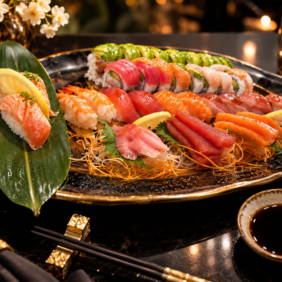 A large platter of assorted sushi, sashimi, and rolls on a dark table with candles.
