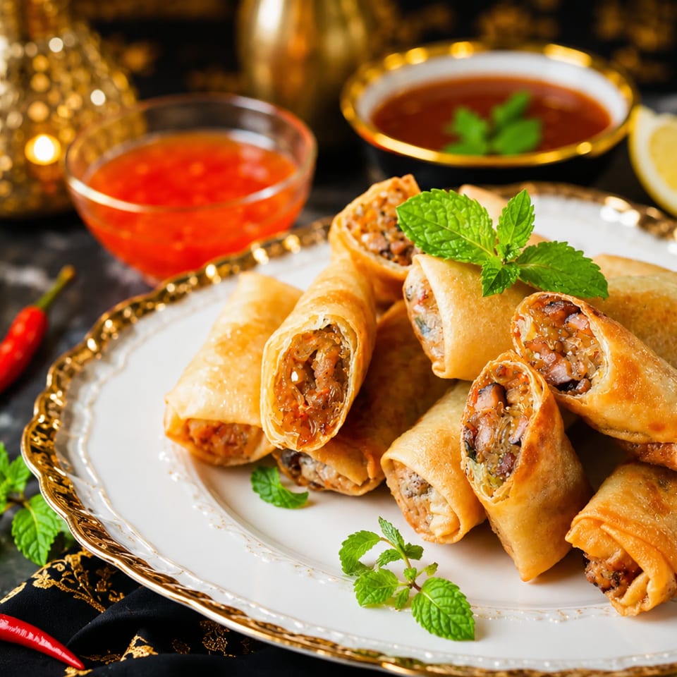 Crispy spring rolls with mint garnish, sweet chili sauce, and golden accents on a dark background.