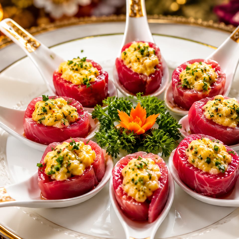 Eight tuna tataki appetizers with yellow sauce and herbs, served on white spoons with gold accents.
