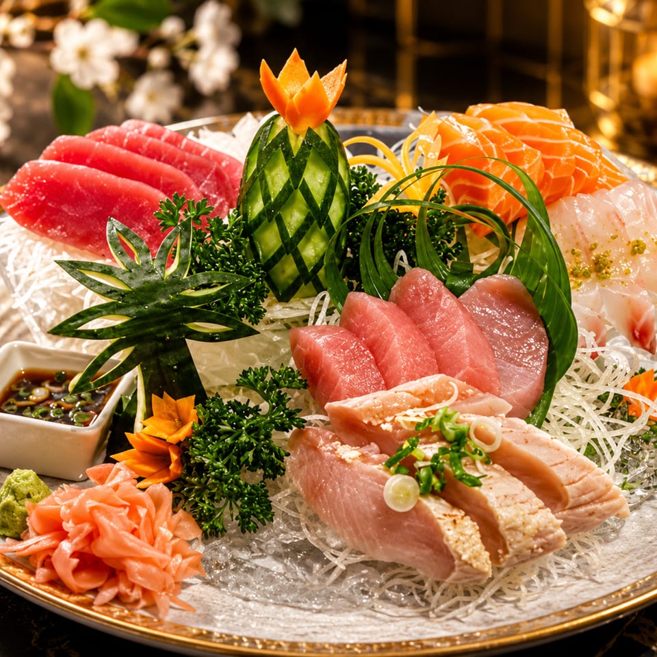 Assorted sashimi platter with tuna, salmon, and white fish, garnished with cucumber and ginger.