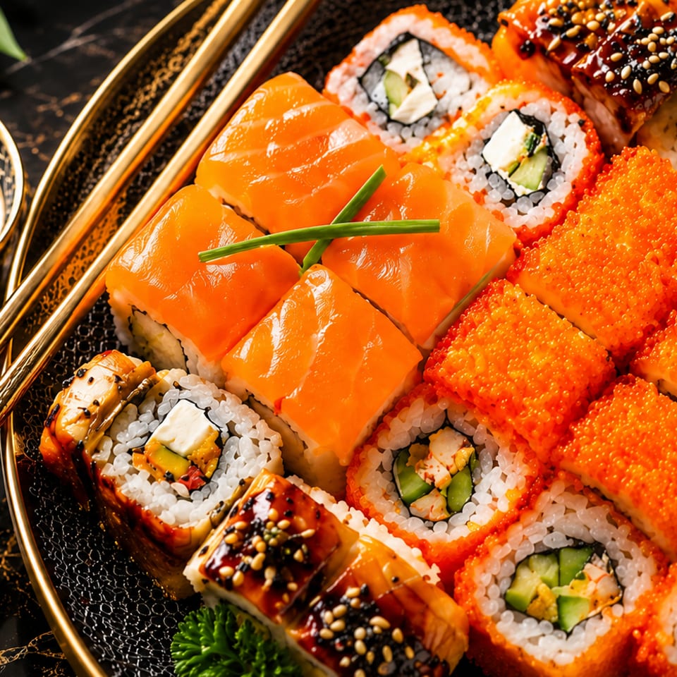 A black and gold platter filled with various sushi rolls, golden chopsticks, and a soy sauce bowl.