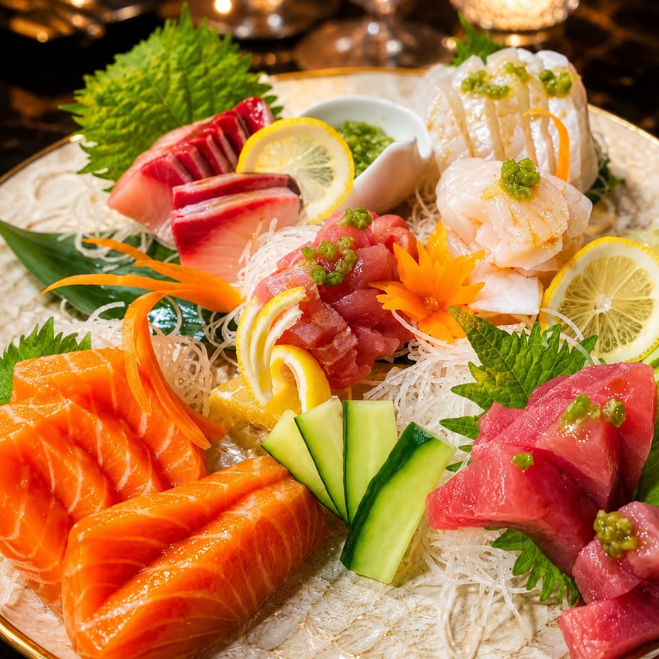 Assortment of fresh sashimi including salmon, tuna, and scallops, garnished with lemon and cucumber.