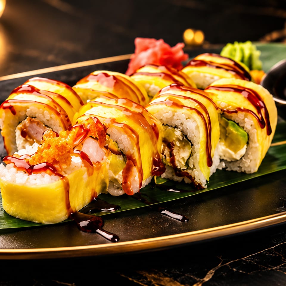 Sushi rolls with yellow mango topping and dark sauce, served on a black plate with soy sauce.